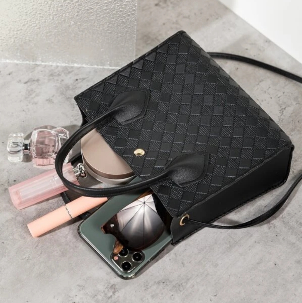NWOT Black Textured Bag Checkered Faux Leather Purse Top Handle Crossbody Small - Picture 3 of 3